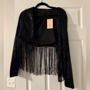 Black Sequin Fringe Open Front Cardigan NWT